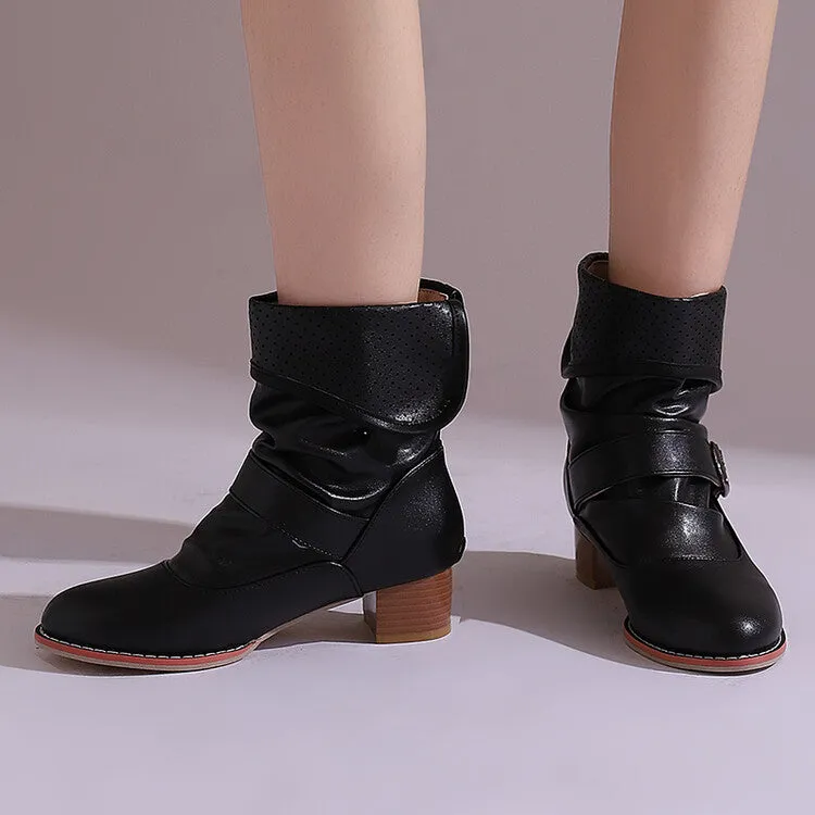 Women's Patchwork Buckle Strap Block Heel Ankle Boots