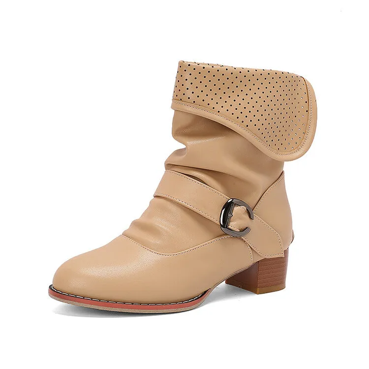 Women's Patchwork Buckle Strap Block Heel Ankle Boots