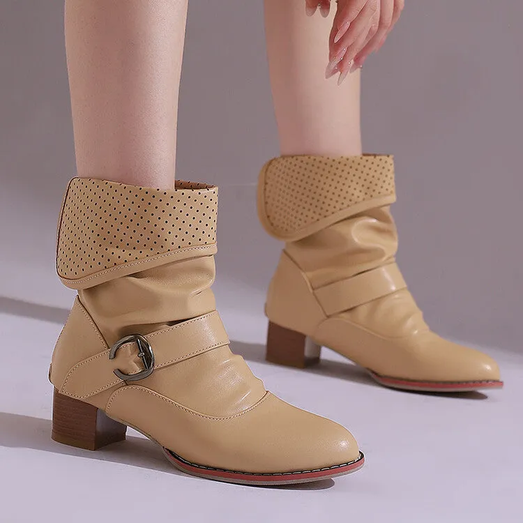 Women's Patchwork Buckle Strap Block Heel Ankle Boots