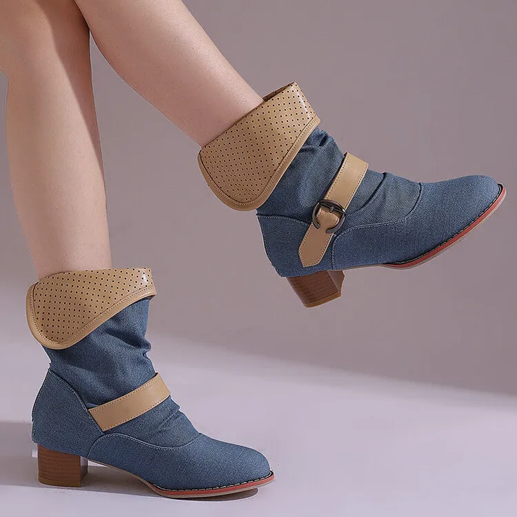 Women's Patchwork Buckle Strap Block Heel Ankle Boots
