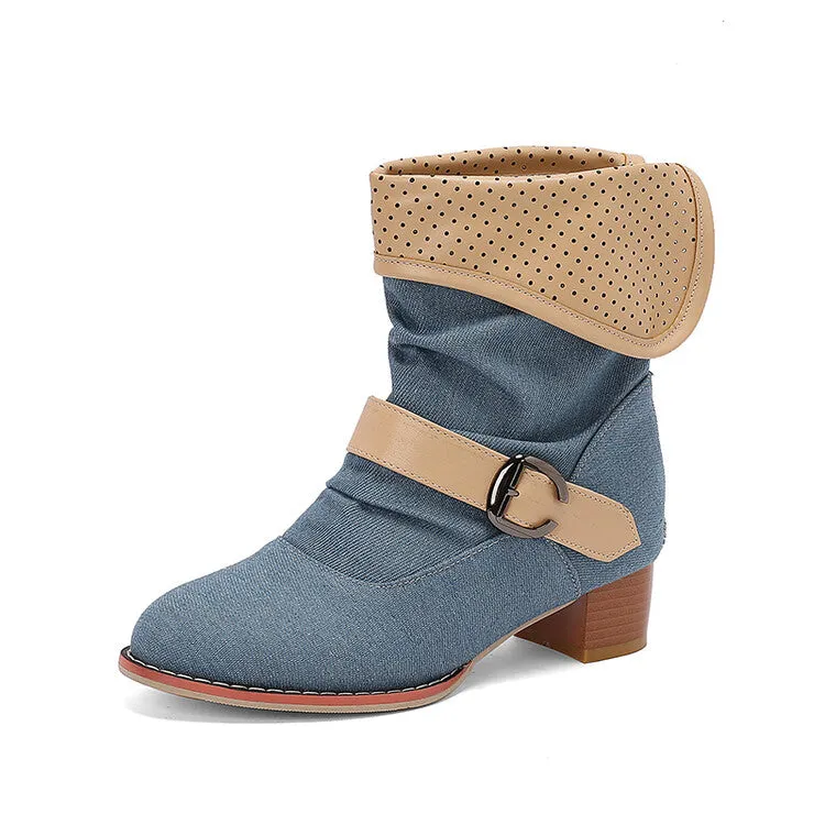 Women's Patchwork Buckle Strap Block Heel Ankle Boots
