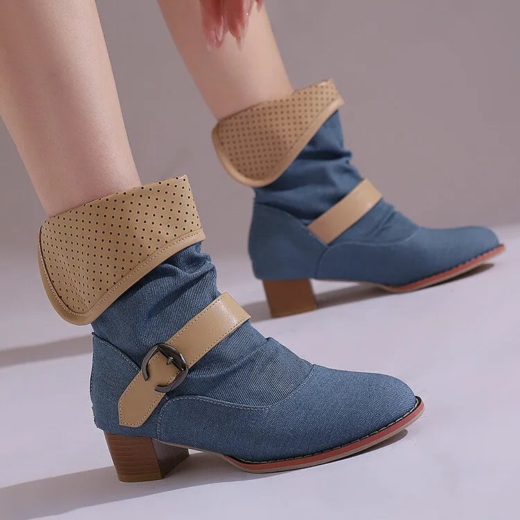 Women's Patchwork Buckle Strap Block Heel Ankle Boots