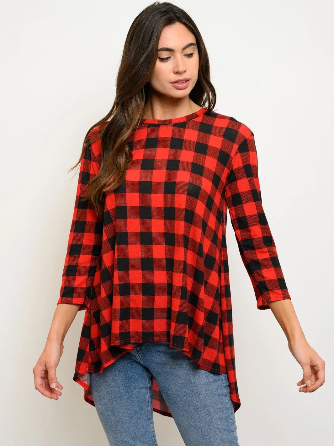 WOMEN'S PLAID 3/4 SLEEVES HIGH-LOW TOP