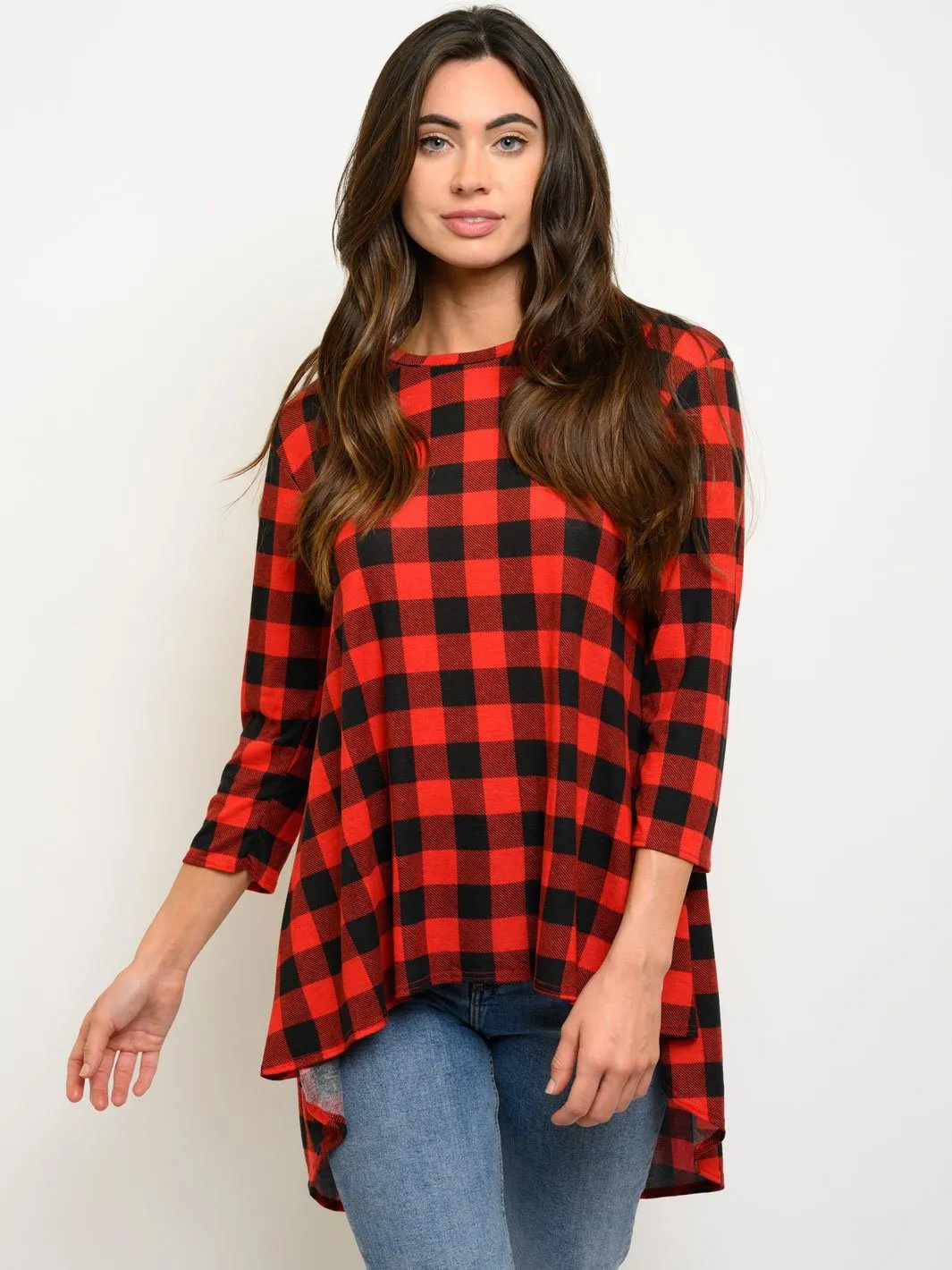 WOMEN'S PLAID 3/4 SLEEVES HIGH-LOW TOP