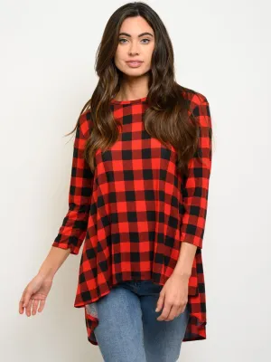 WOMEN'S PLAID 3/4 SLEEVES HIGH-LOW TOP