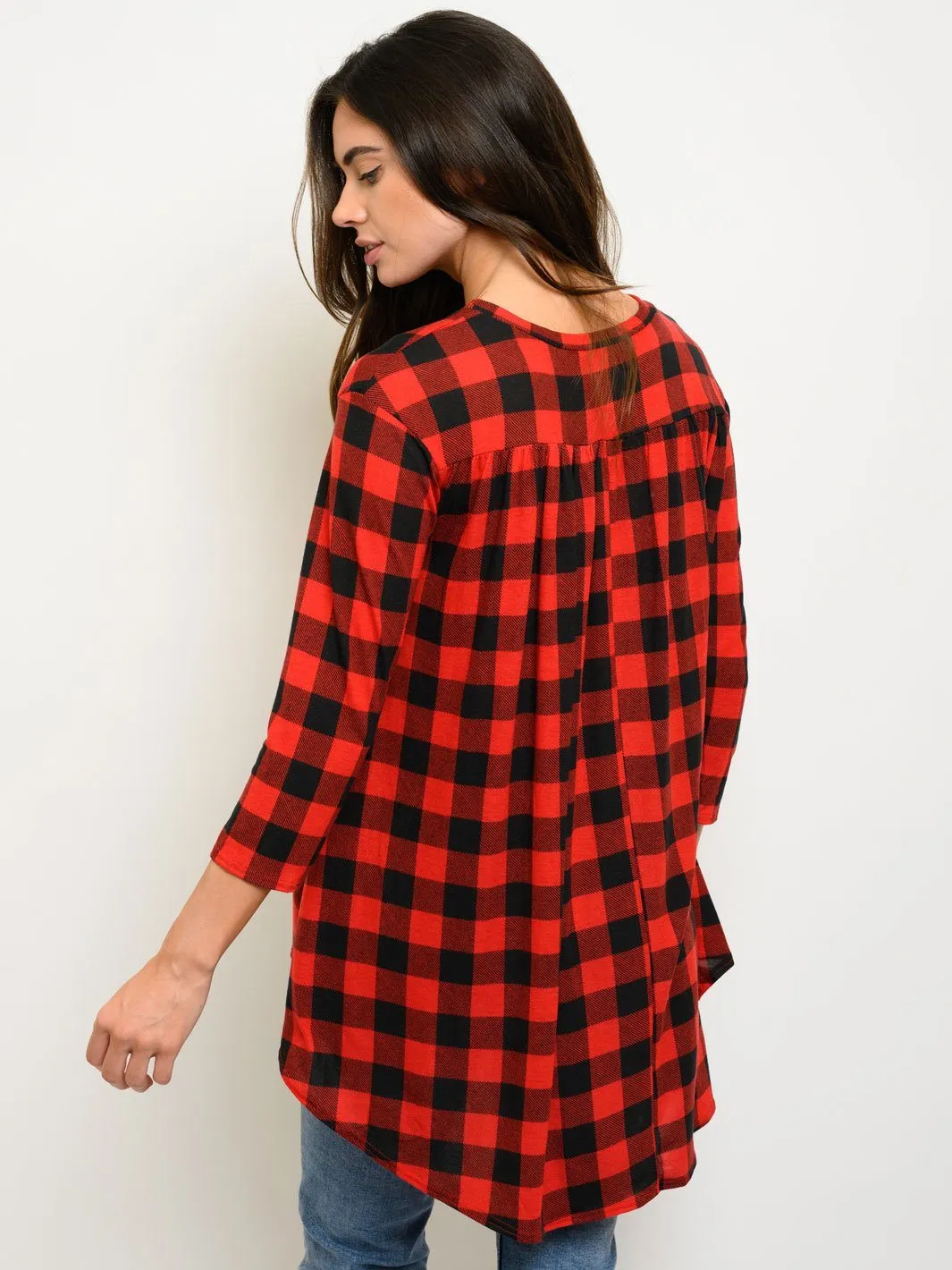 WOMEN'S PLAID 3/4 SLEEVES HIGH-LOW TOP