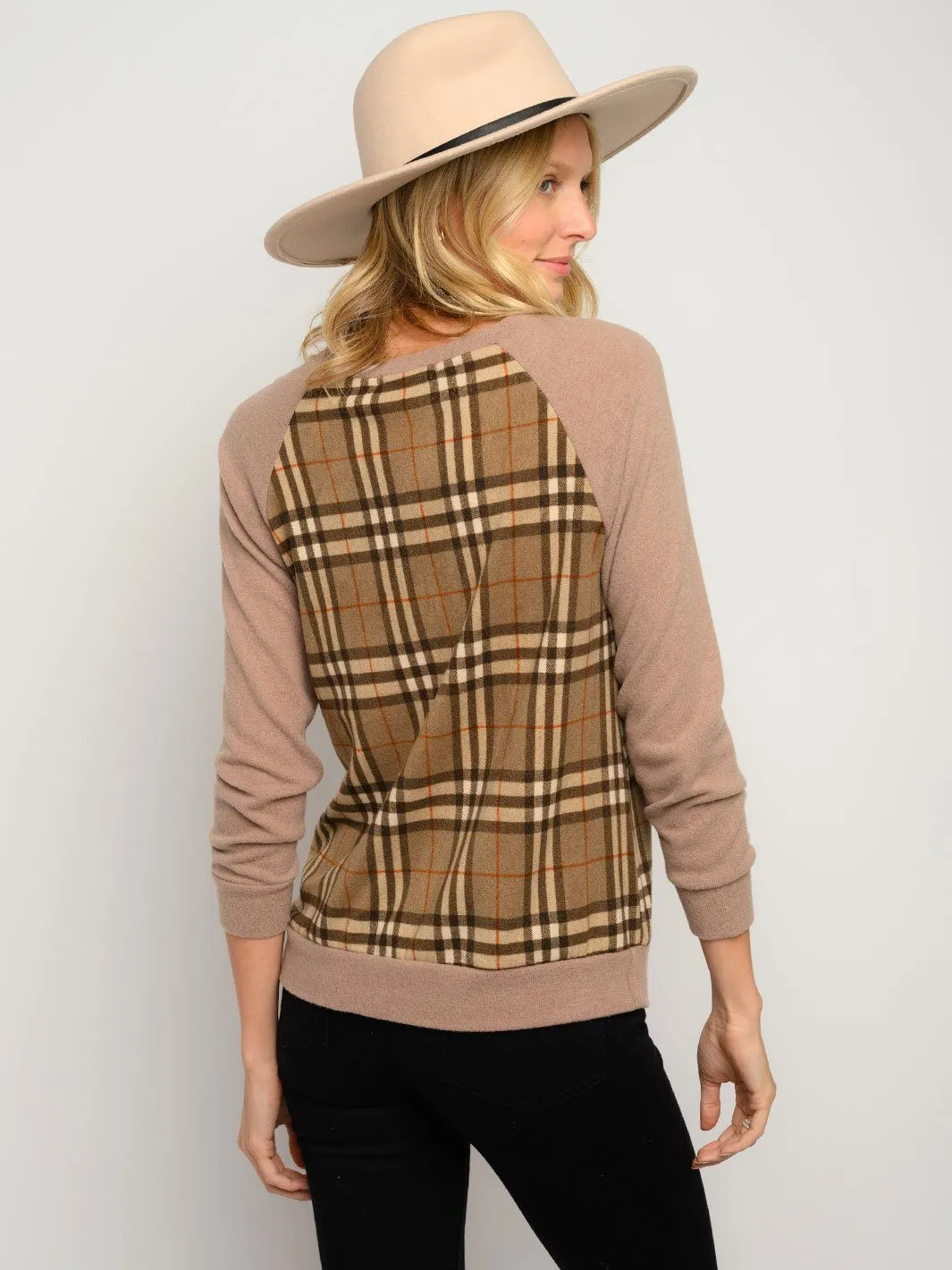 WOMEN'S PLAID PRINT LONG SLEEVE FRONT TIE TOP