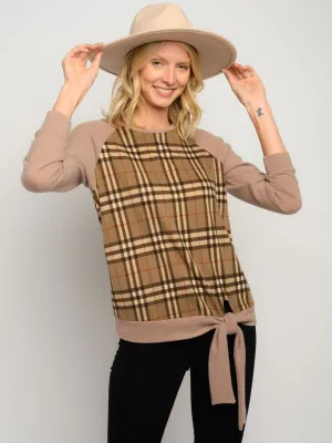 WOMEN'S PLAID PRINT LONG SLEEVE FRONT TIE TOP