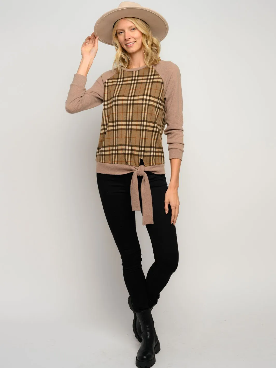 WOMEN'S PLAID PRINT LONG SLEEVE FRONT TIE TOP