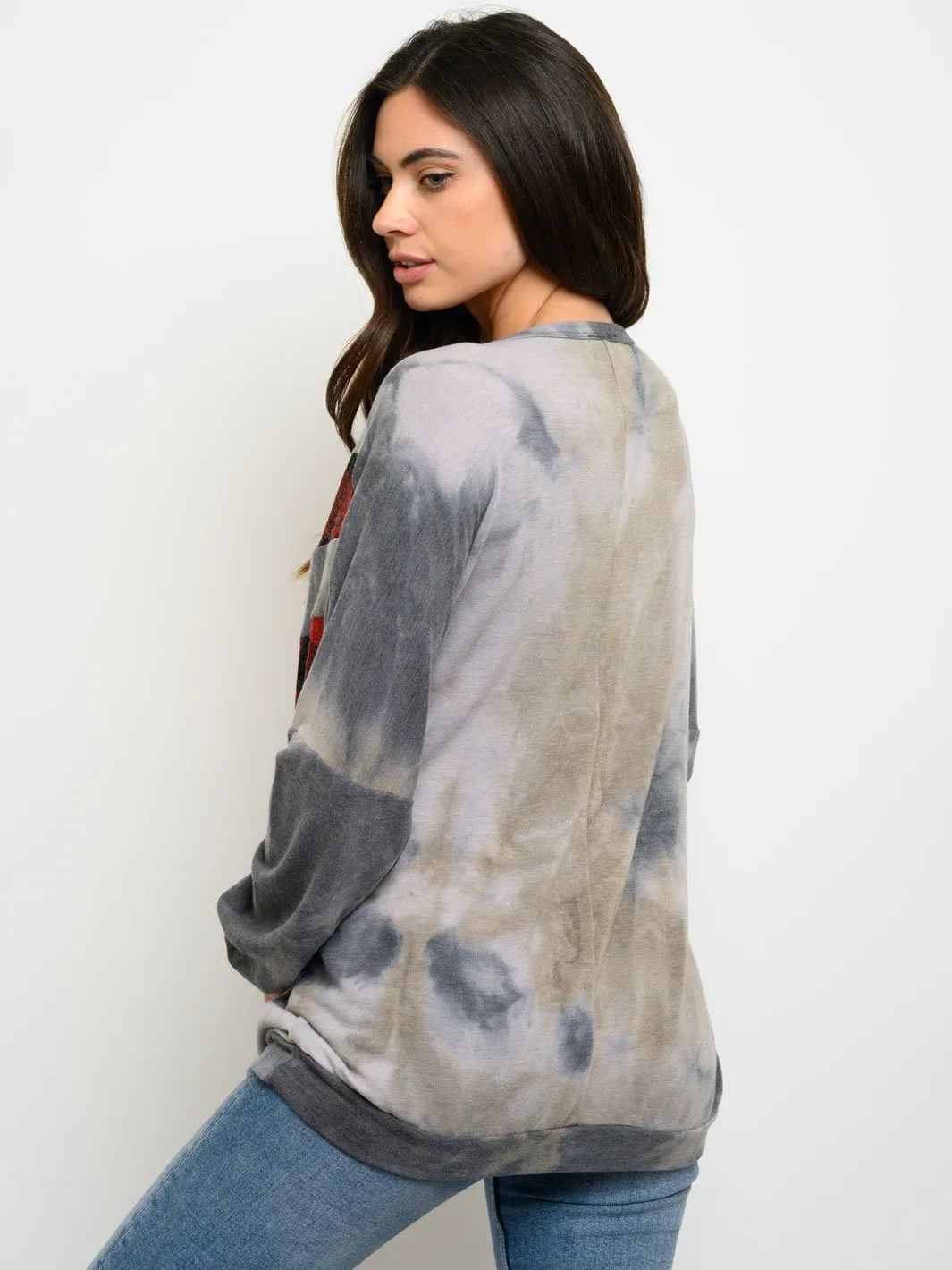 WOMEN'S PLAID TIE DYE PRINT LONG SLEEVE TOP