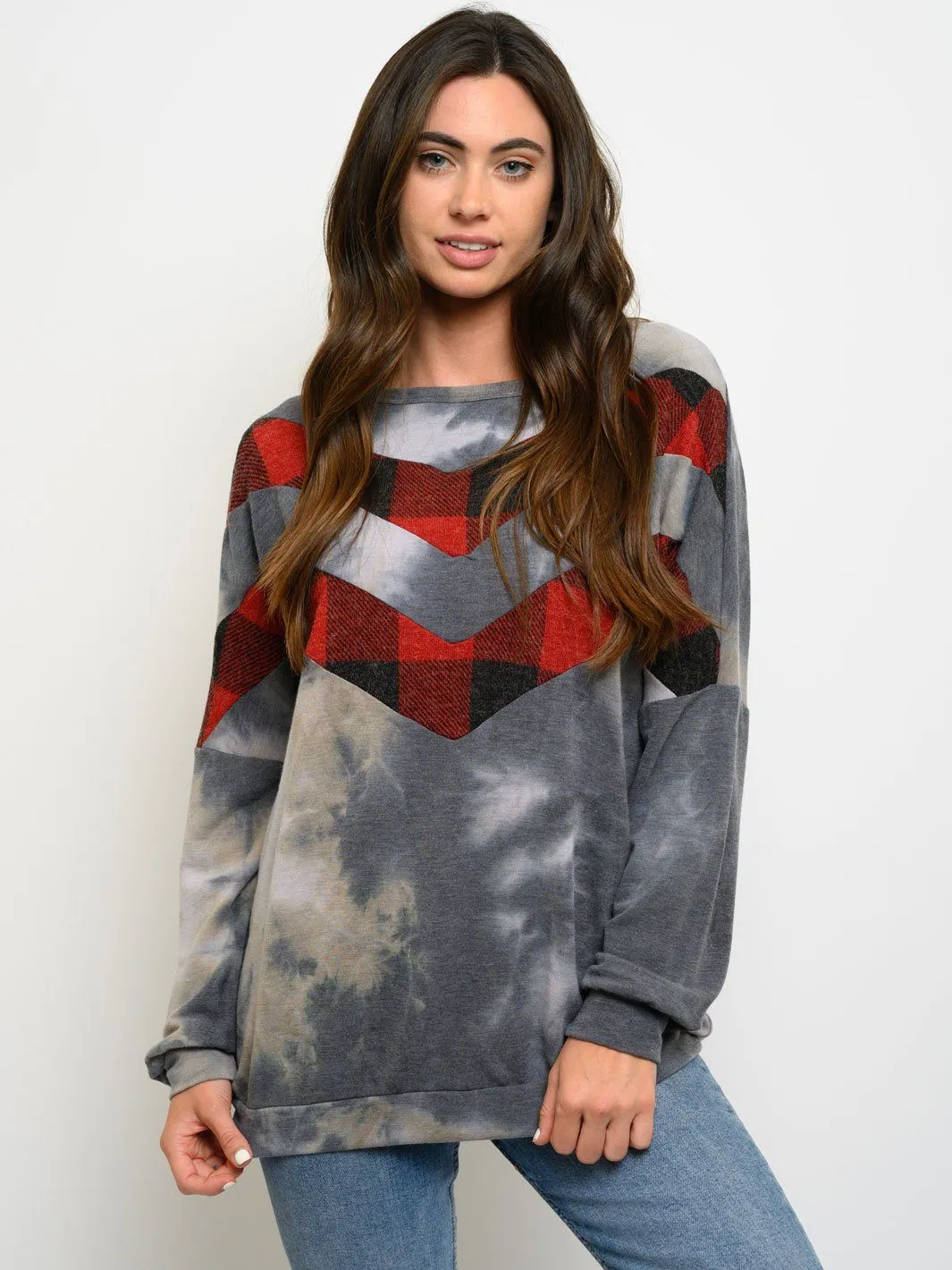 WOMEN'S PLAID TIE DYE PRINT LONG SLEEVE TOP