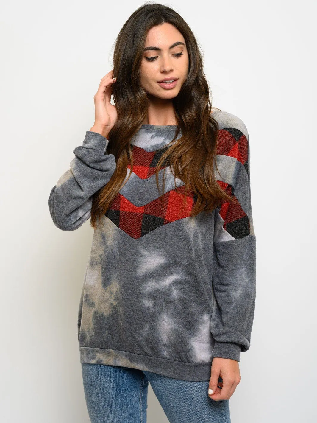 WOMEN'S PLAID TIE DYE PRINT LONG SLEEVE TOP