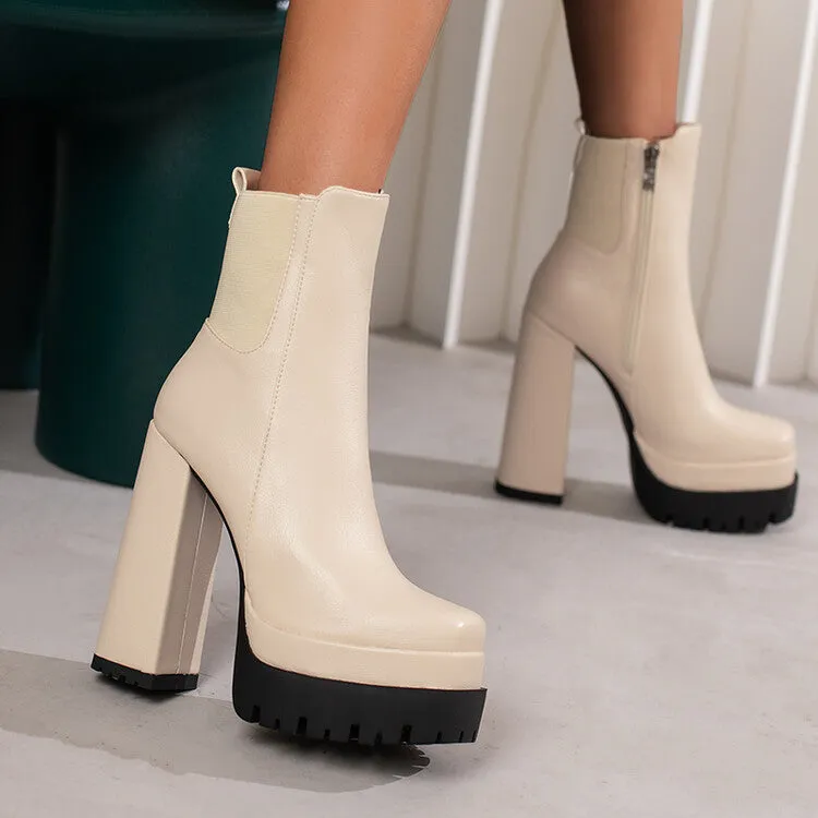 Women's Pu Leather Square Toe Side Zippers Block Heel Platform Short Boots
