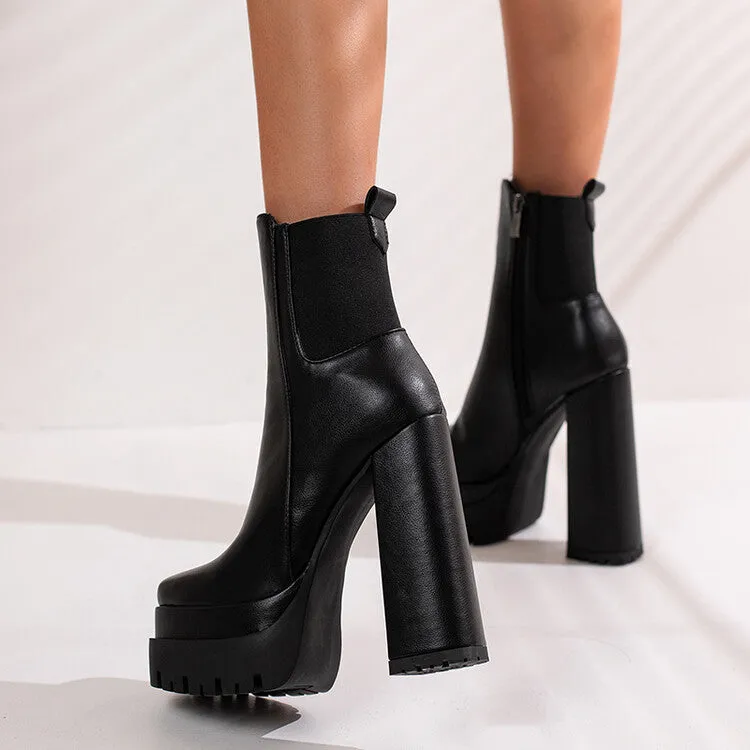 Women's Pu Leather Square Toe Side Zippers Block Heel Platform Short Boots