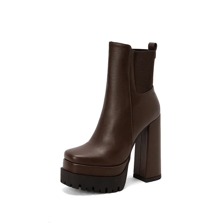 Women's Pu Leather Square Toe Side Zippers Block Heel Platform Short Boots