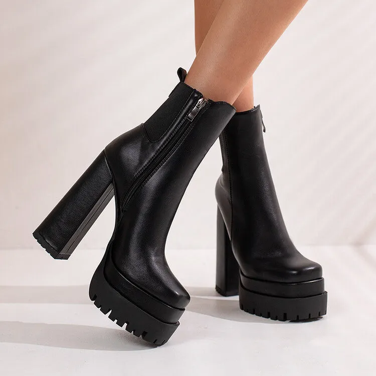Women's Pu Leather Square Toe Side Zippers Block Heel Platform Short Boots