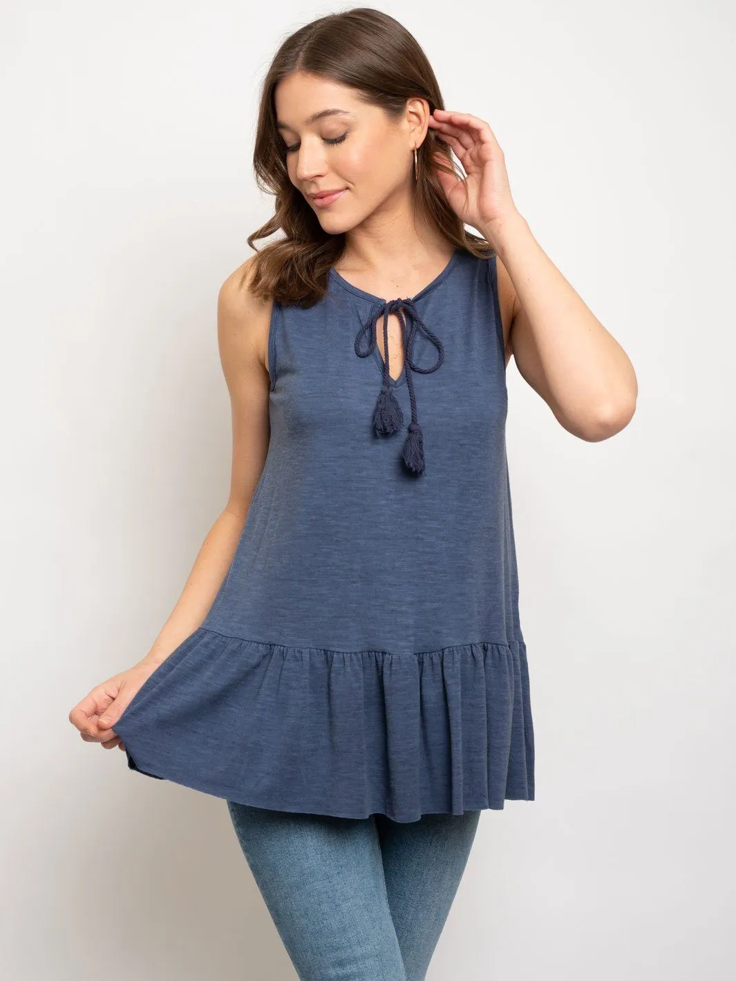 WOMEN'S ROUND NECK W/ CUT OUT RIBBON FRONT RUFFLE TOP