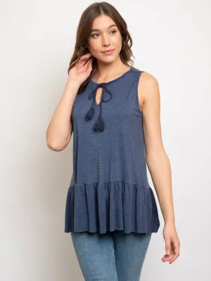 WOMEN'S ROUND NECK W/ CUT OUT RIBBON FRONT RUFFLE TOP