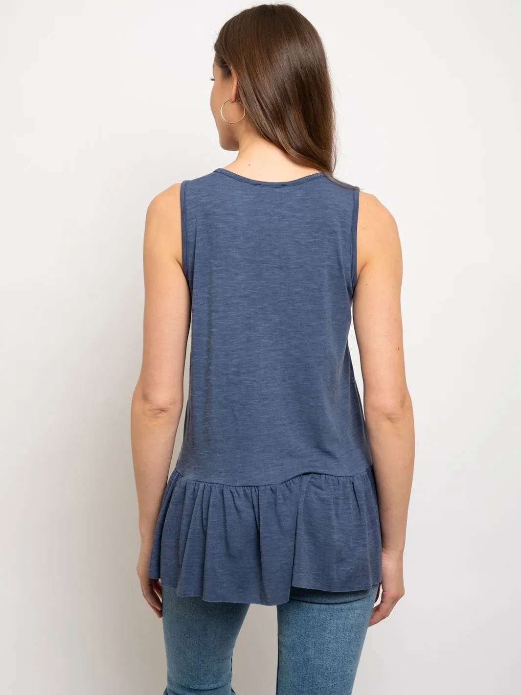 WOMEN'S ROUND NECK W/ CUT OUT RIBBON FRONT RUFFLE TOP