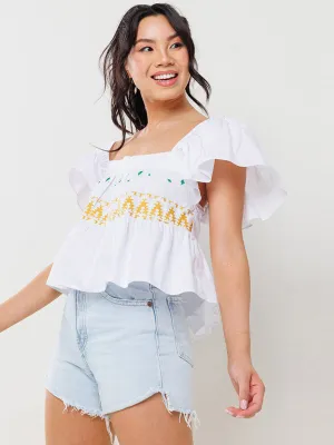WOMEN'S SHORT RUFFLE SLEEVE EMBROIDERY DETAILED BLOUSE TOP