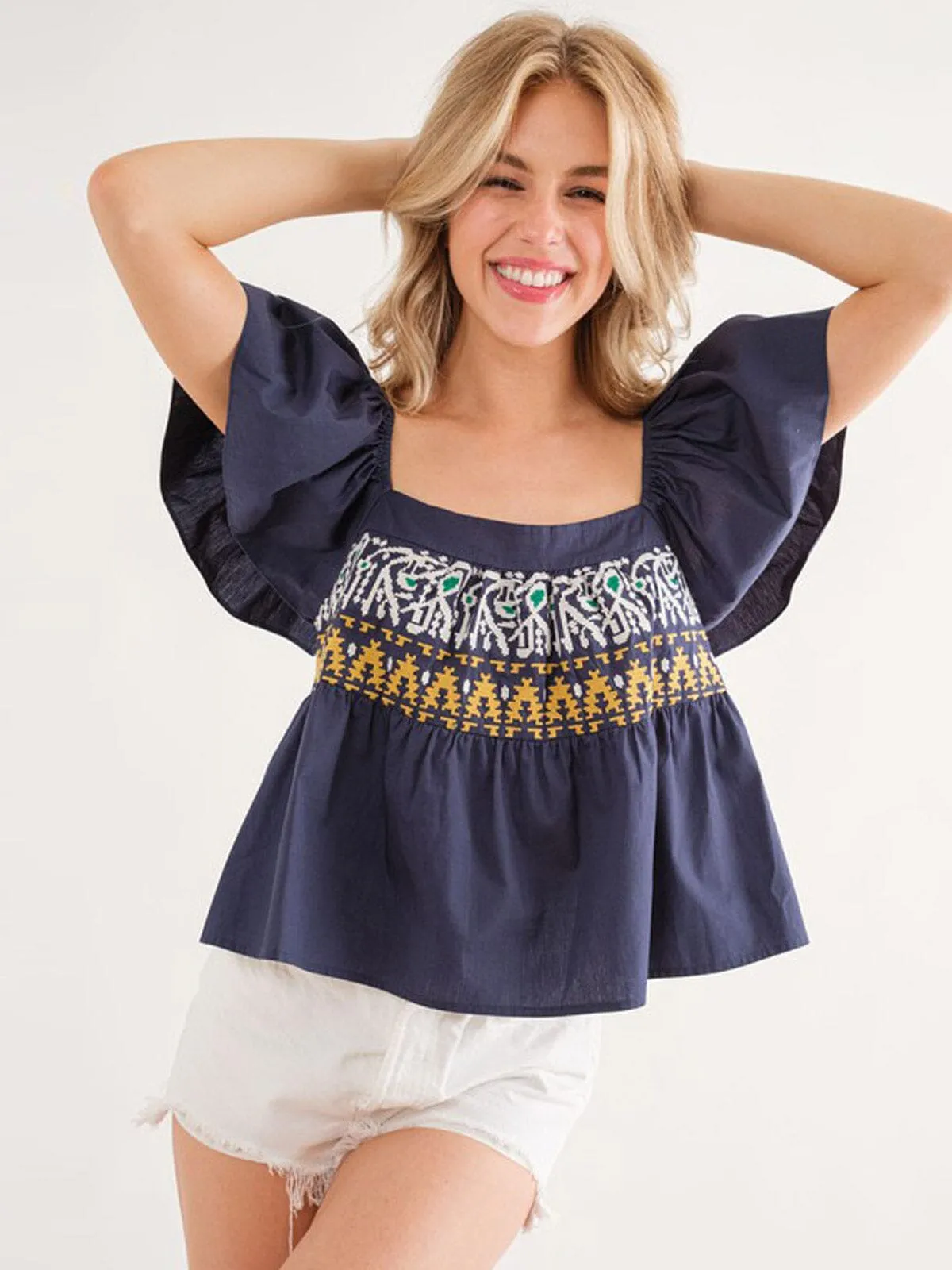 WOMEN'S SHORT RUFFLE SLEEVE EMBROIDERY DETAILED BLOUSE TOP