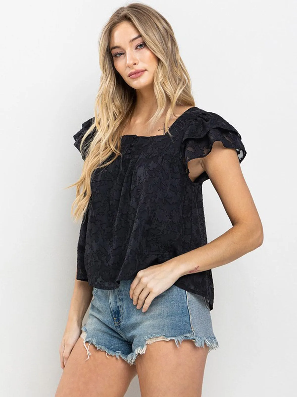 WOMEN'S SHORT RUFFLE SLEEVE LACE DETAILED BLOUSE TOP