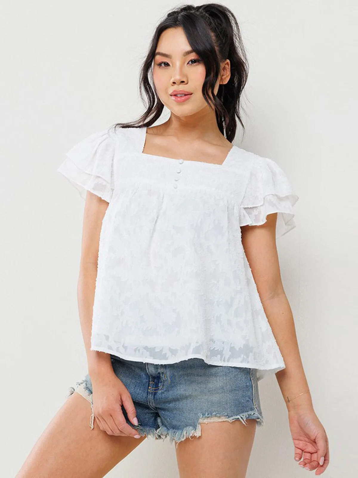 WOMEN'S SHORT RUFFLE SLEEVE LACE DETAILED BLOUSE TOP