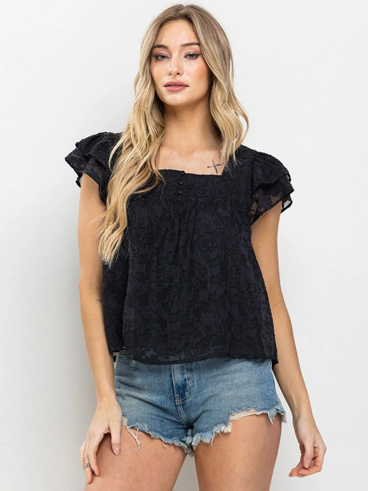 WOMEN'S SHORT RUFFLE SLEEVE LACE DETAILED BLOUSE TOP