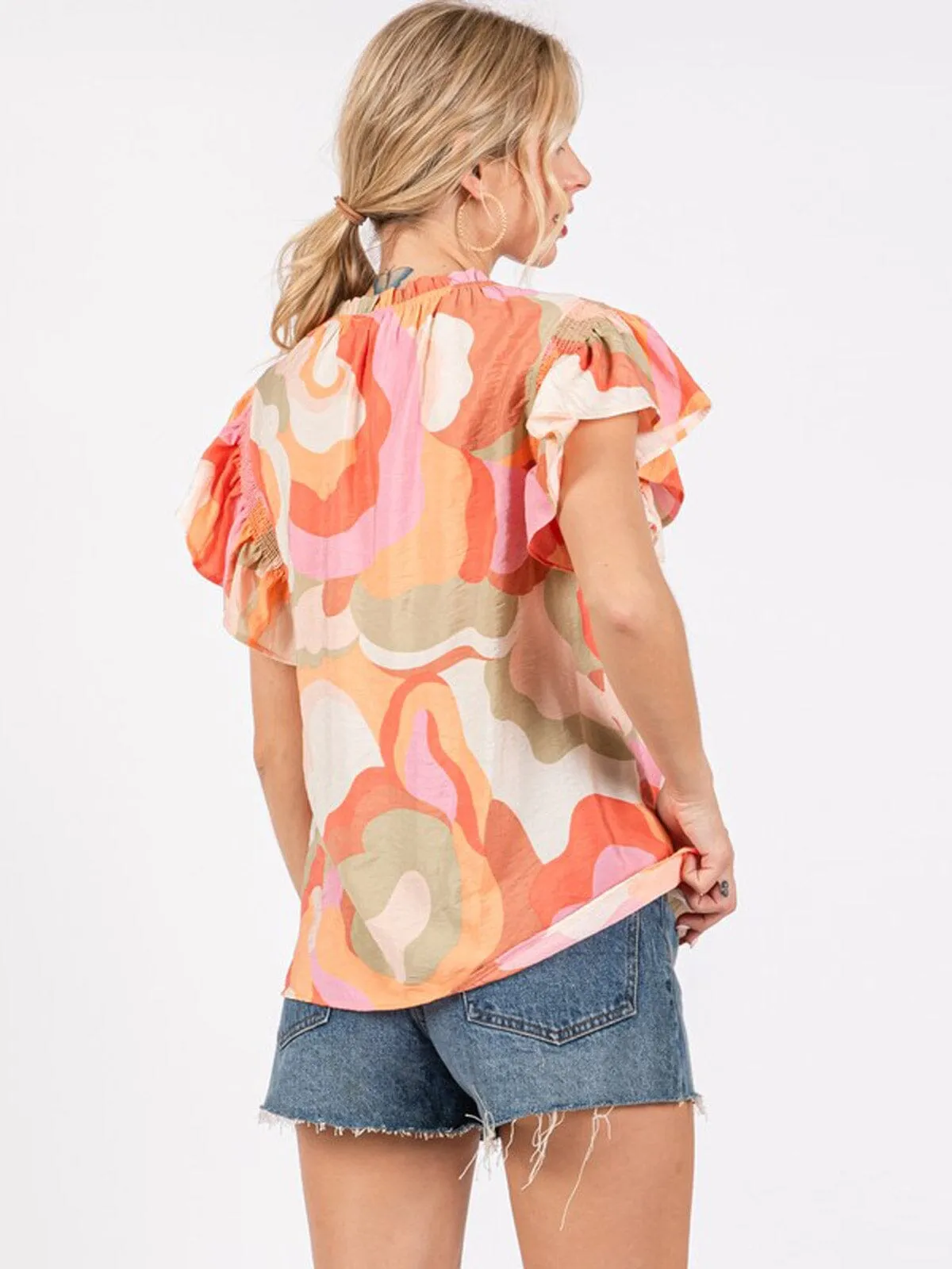 WOMEN'S SHORT RUFFLE SLEEVE MULTI PRINT TUNIC BLOUSE TOP