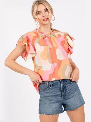 WOMEN'S SHORT RUFFLE SLEEVE MULTI PRINT TUNIC BLOUSE TOP