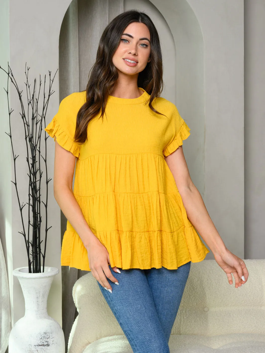 WOMEN'S SHORT RUFFLE SLEEVE TIERED TUNIC TOP
