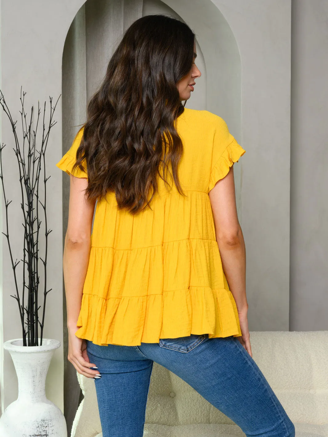 WOMEN'S SHORT RUFFLE SLEEVE TIERED TUNIC TOP