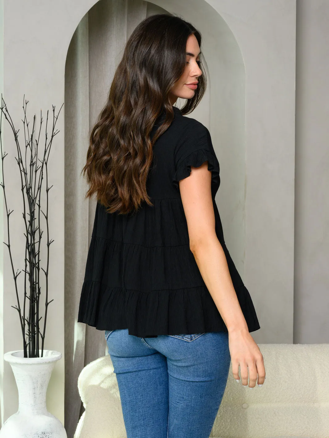 WOMEN'S SHORT RUFFLE SLEEVE TIERED TUNIC TOP