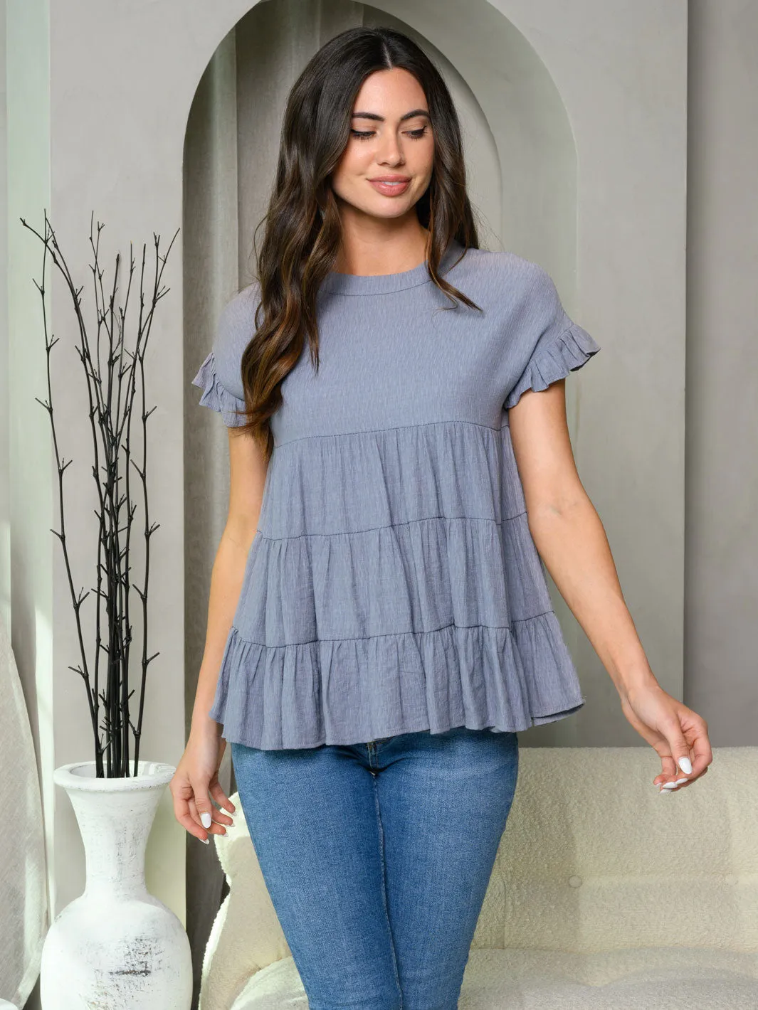 WOMEN'S SHORT RUFFLE SLEEVE TIERED TUNIC TOP