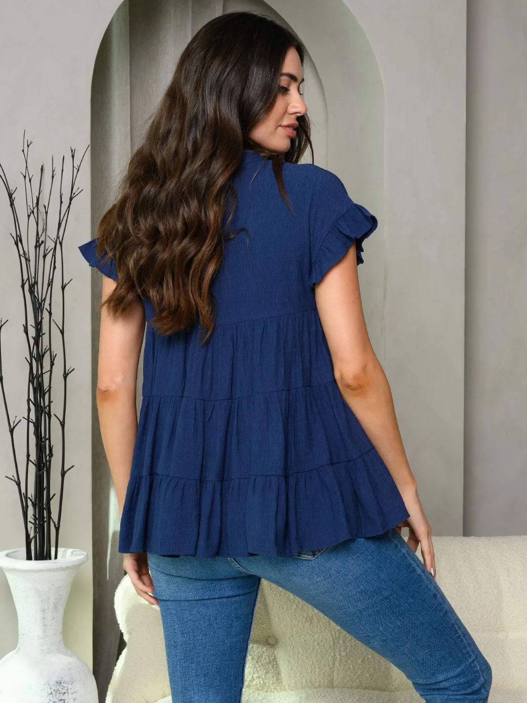 WOMEN'S SHORT RUFFLE SLEEVE TIERED TUNIC TOP