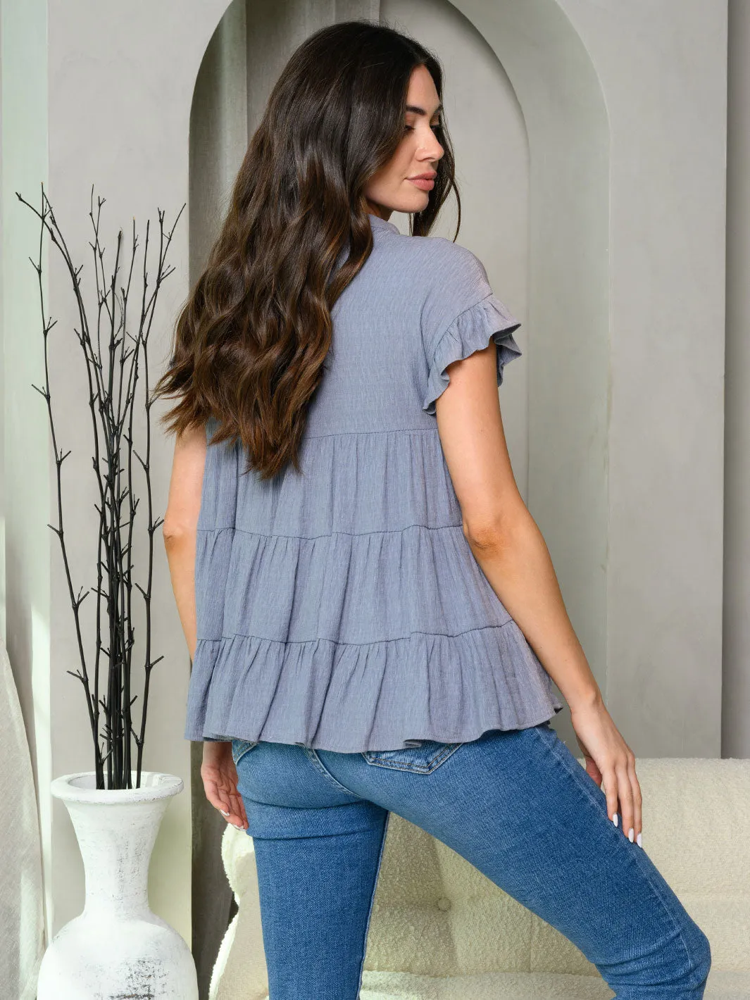 WOMEN'S SHORT RUFFLE SLEEVE TIERED TUNIC TOP