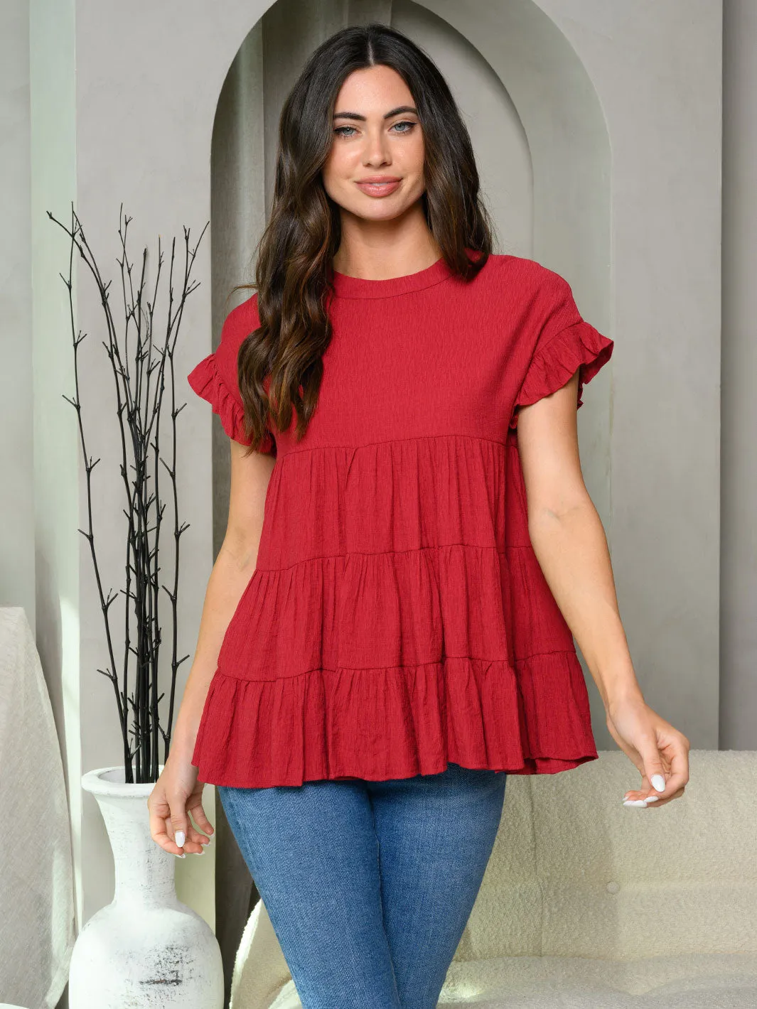 WOMEN'S SHORT RUFFLE SLEEVE TIERED TUNIC TOP