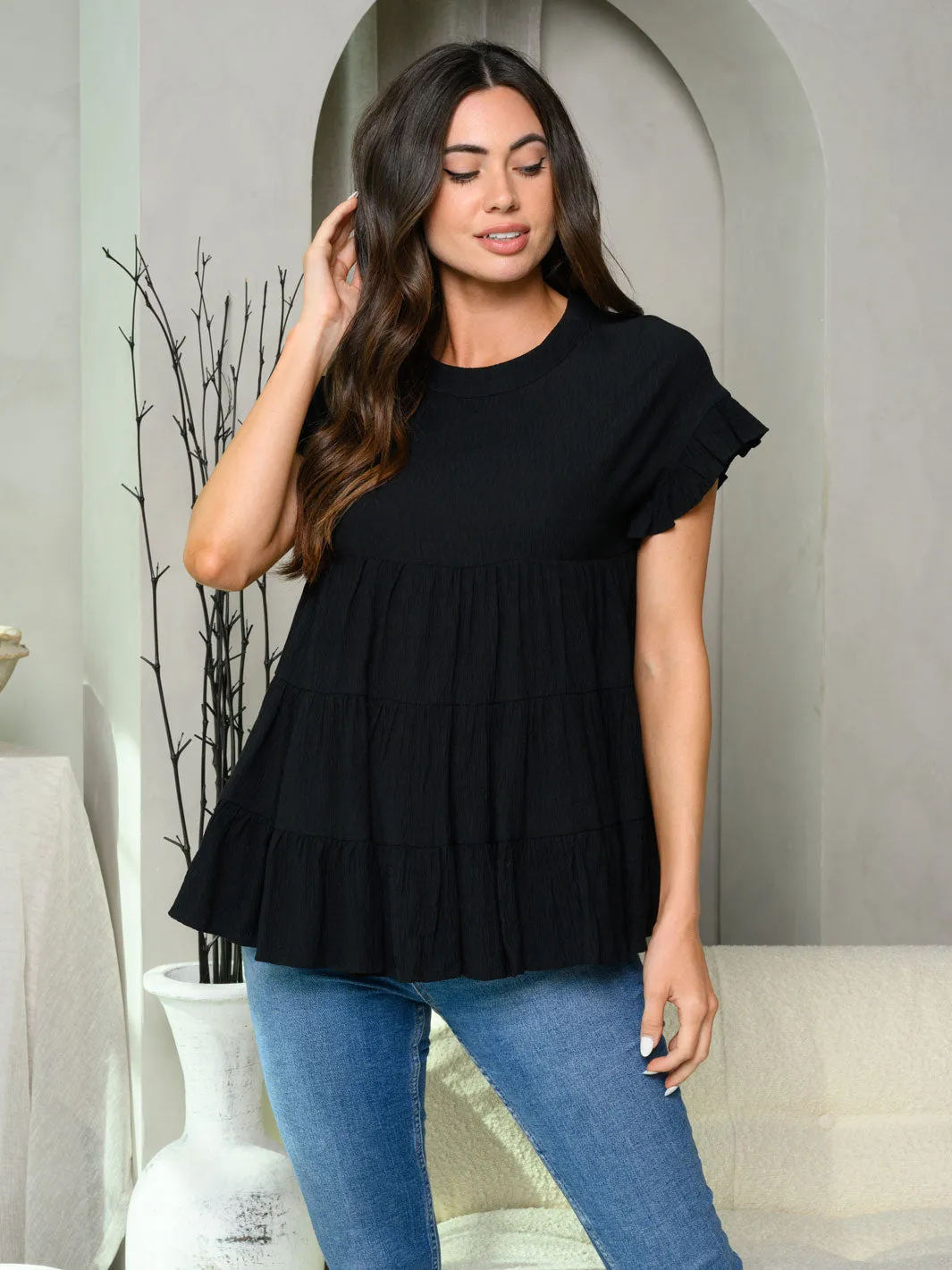 WOMEN'S SHORT RUFFLE SLEEVE TIERED TUNIC TOP