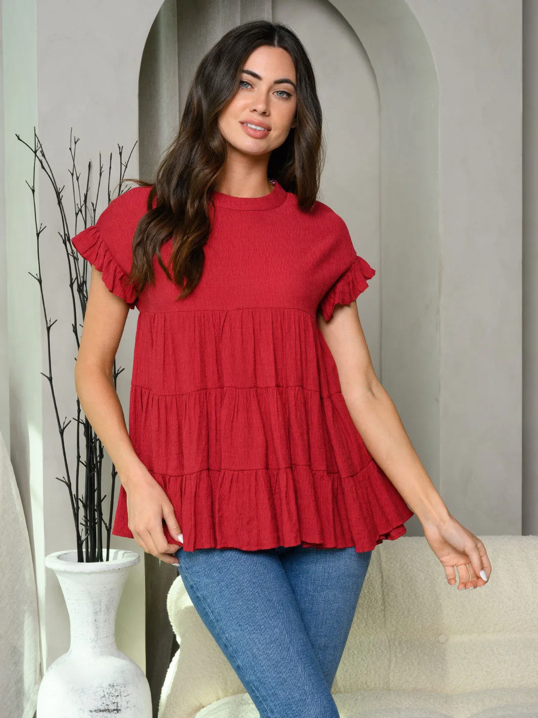 WOMEN'S SHORT RUFFLE SLEEVE TIERED TUNIC TOP