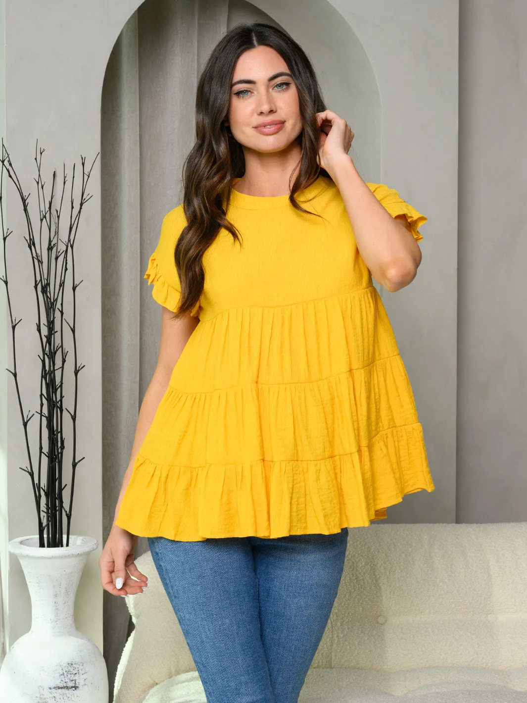 WOMEN'S SHORT RUFFLE SLEEVE TIERED TUNIC TOP