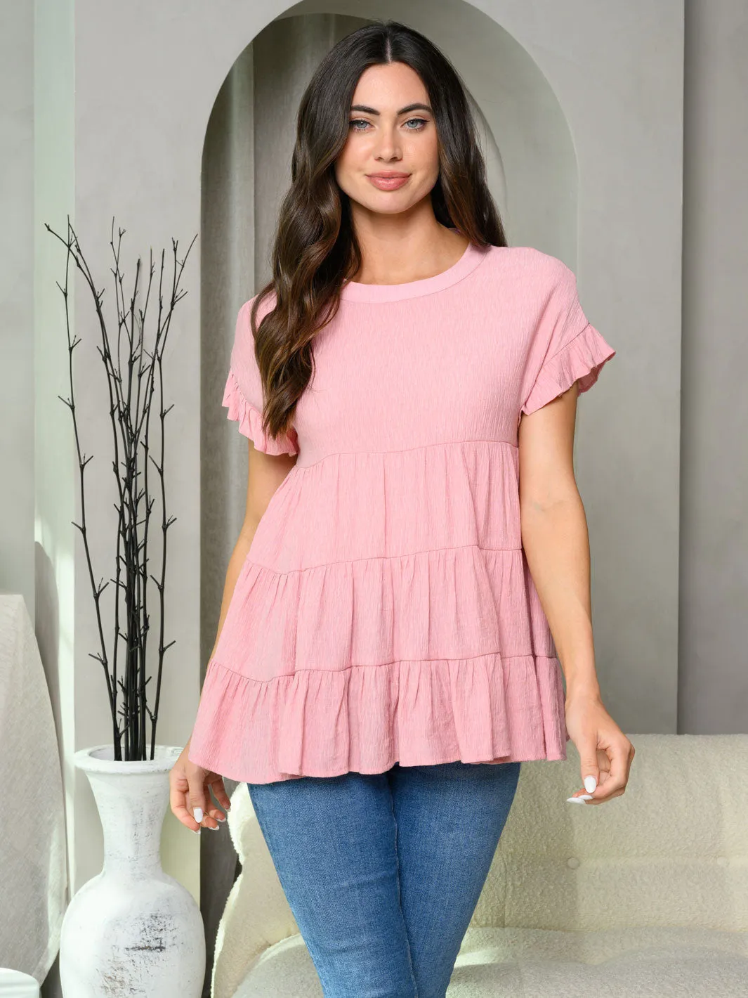 WOMEN'S SHORT RUFFLE SLEEVE TIERED TUNIC TOP