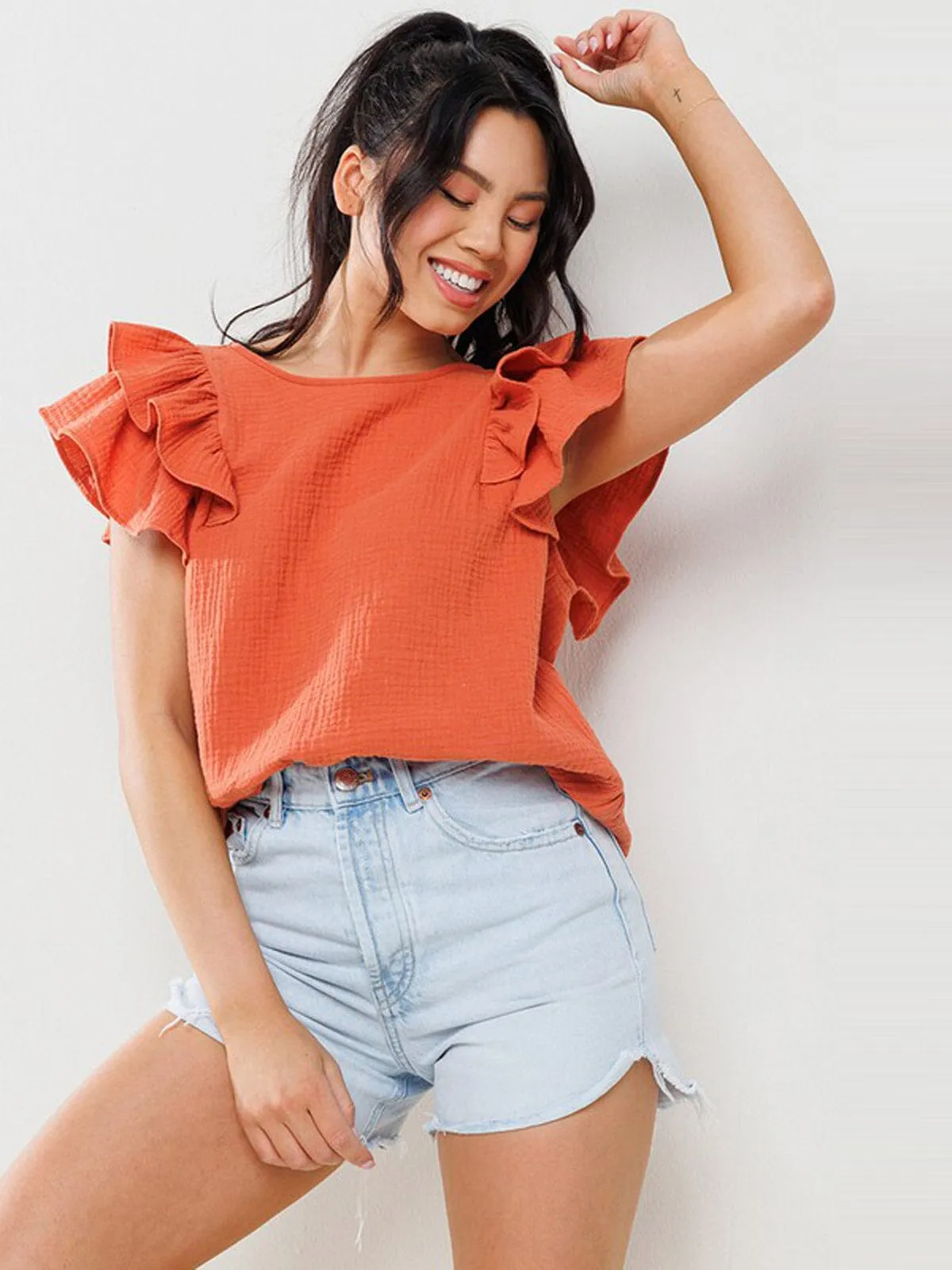 WOMEN'S SHORT RUFFLE SLEEVE TUNIC BLOUSE TOP