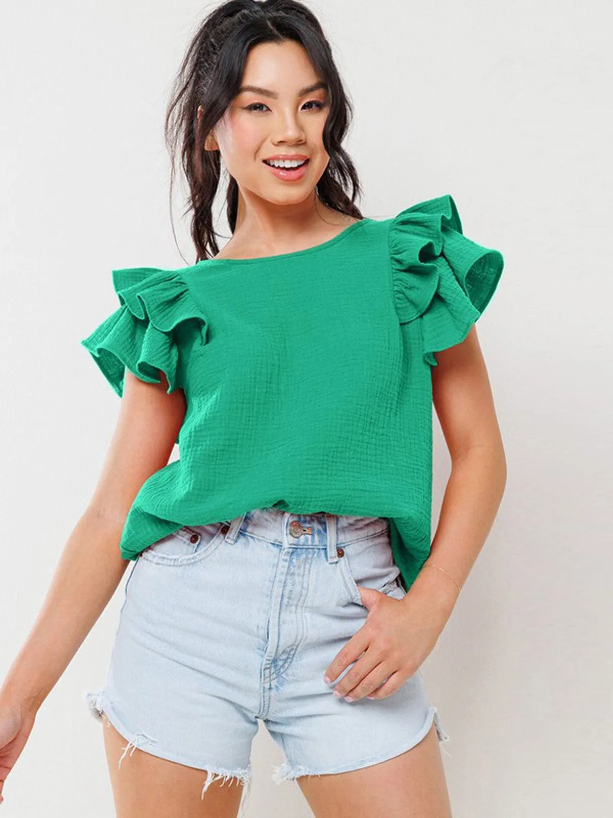 WOMEN'S SHORT RUFFLE SLEEVE TUNIC BLOUSE TOP