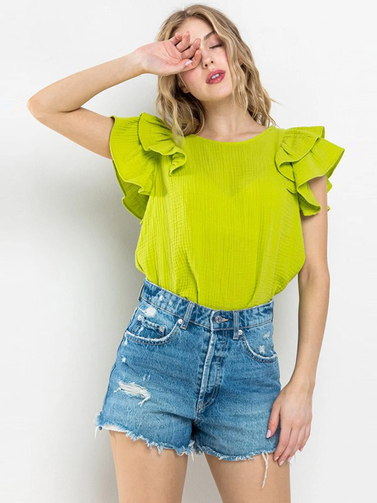 WOMEN'S SHORT RUFFLE SLEEVE TUNIC BLOUSE TOP