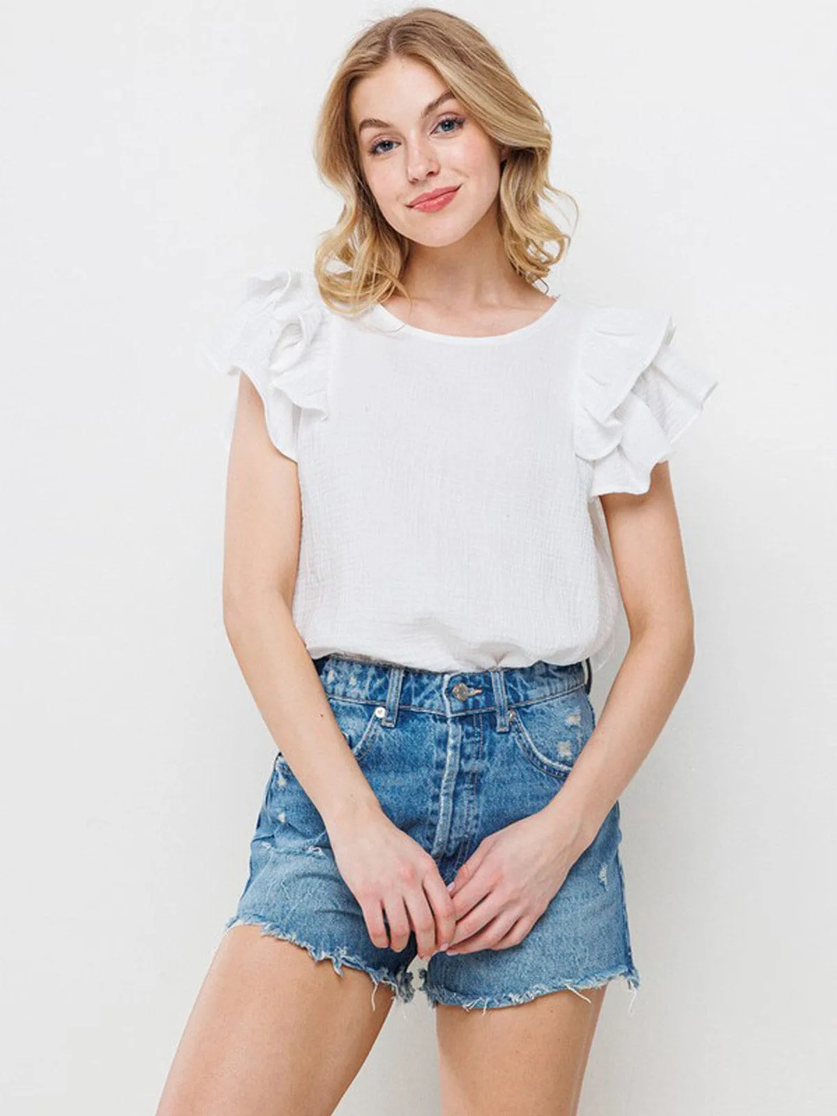 WOMEN'S SHORT RUFFLE SLEEVE TUNIC BLOUSE TOP