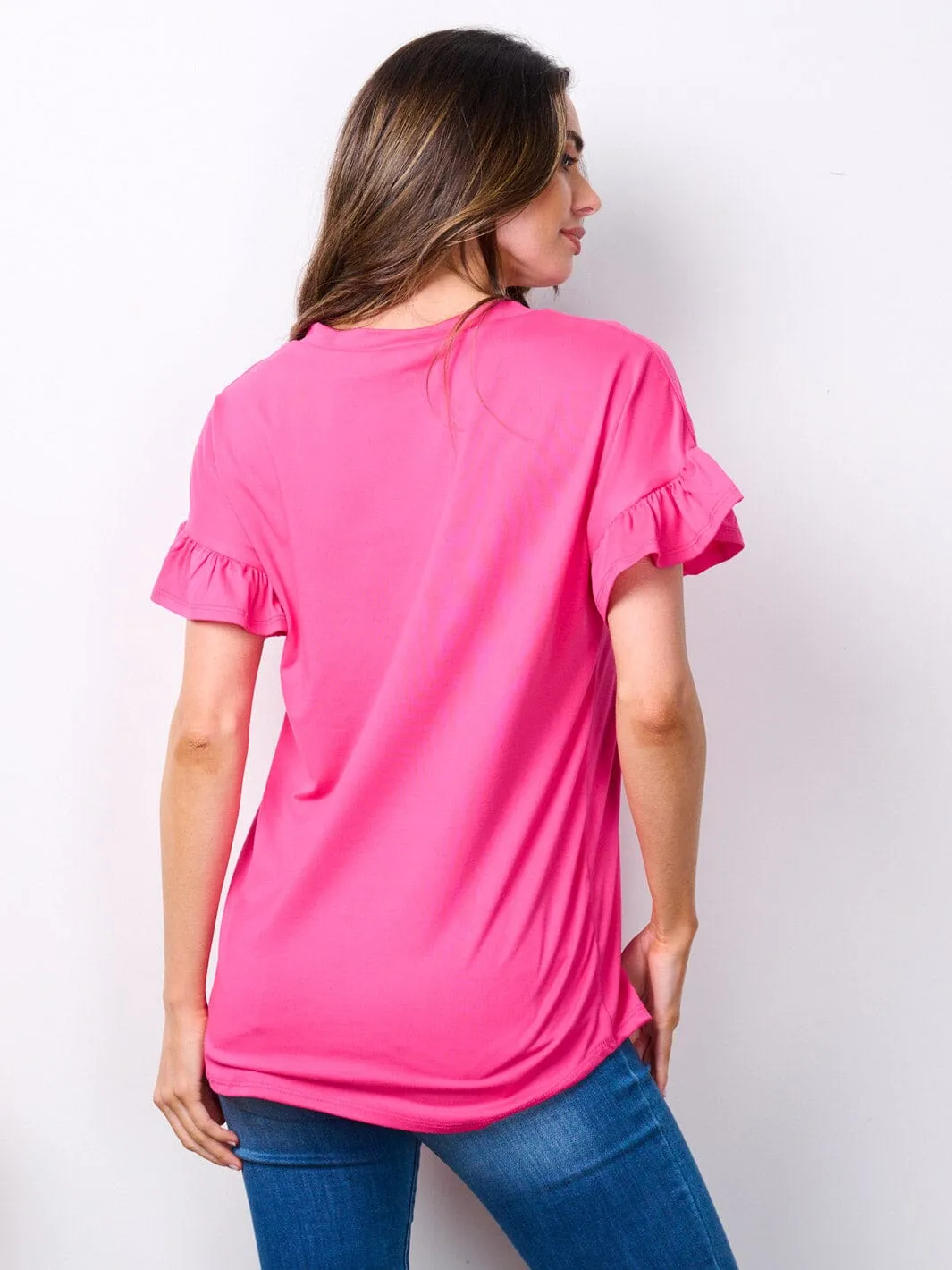 WOMEN'S SHORT RUFFLE SLEEVE V-NECK TUNIC TOP