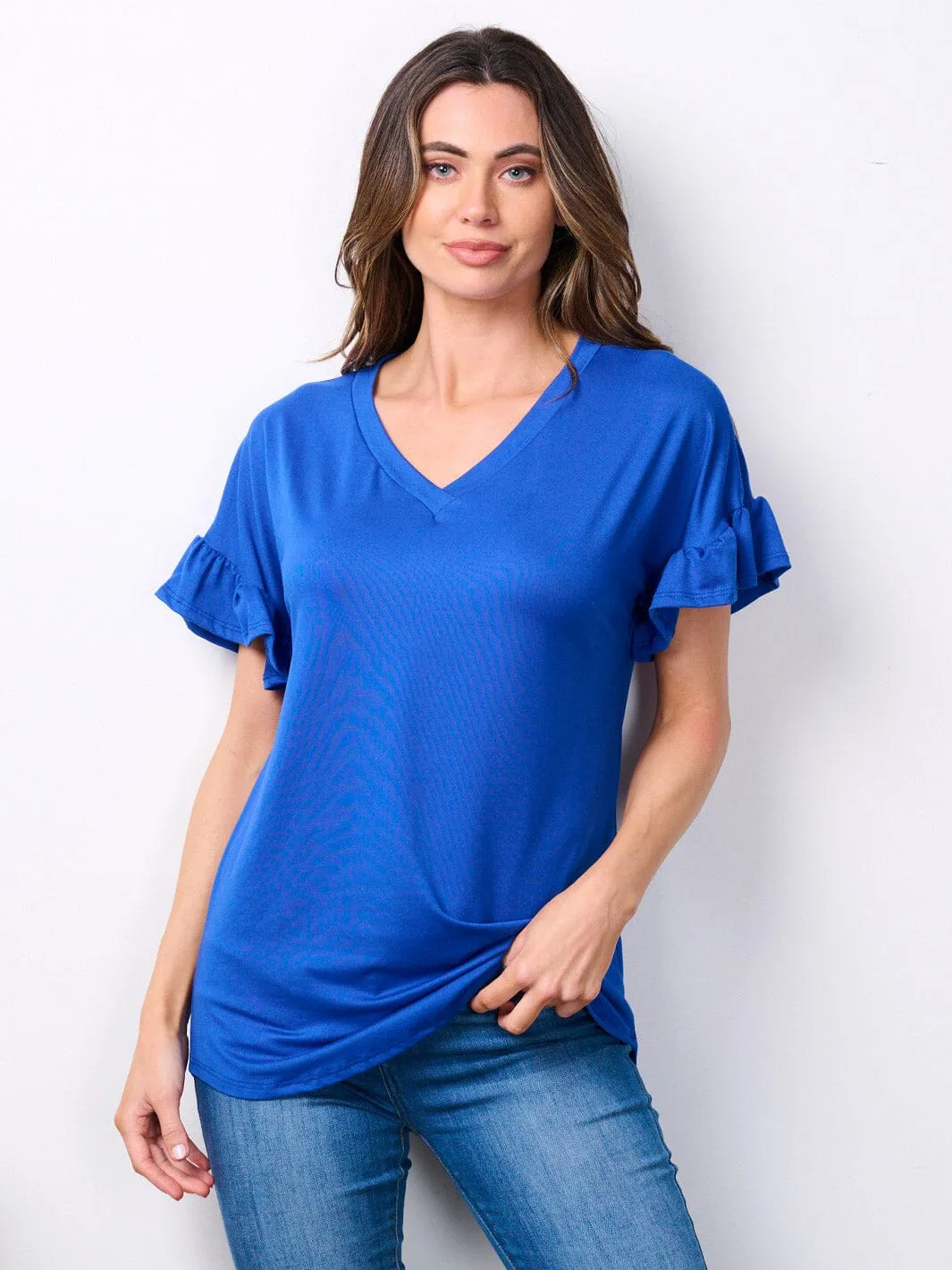 WOMEN'S SHORT RUFFLE SLEEVE V-NECK TUNIC TOP