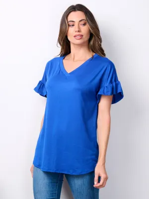 WOMEN'S SHORT RUFFLE SLEEVE V-NECK TUNIC TOP
