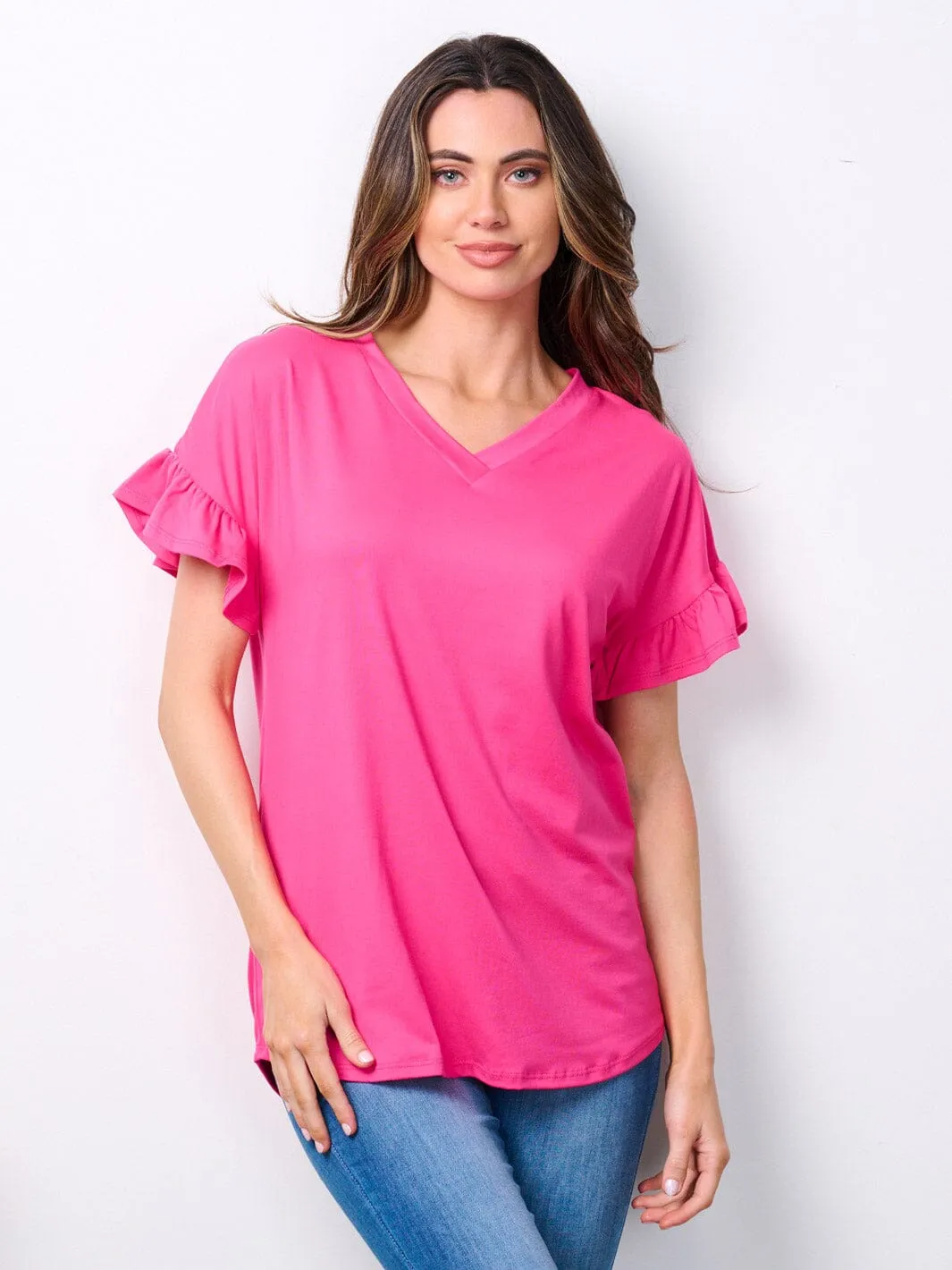 WOMEN'S SHORT RUFFLE SLEEVE V-NECK TUNIC TOP