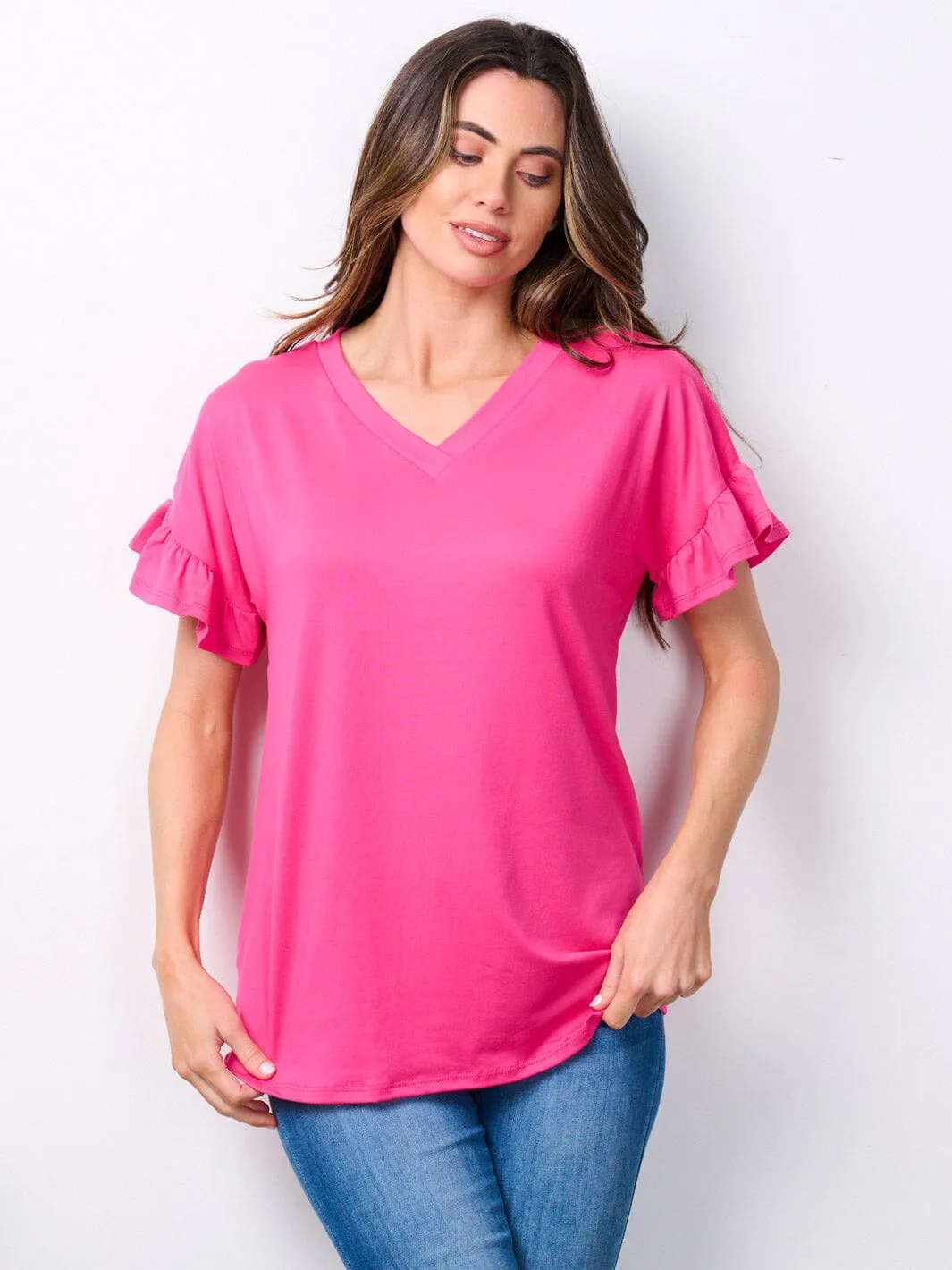 WOMEN'S SHORT RUFFLE SLEEVE V-NECK TUNIC TOP